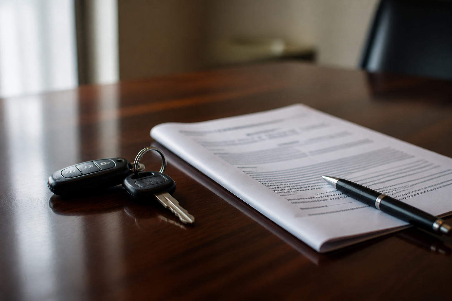 Car keys and a rental agreement on a table, illustrating the difference between a rental deposit and the insurance excess